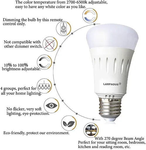 Лампочка LAMPAOUS White Ambiance 9W E27 Dimmable з бездротовим пультом дистанційного керування 2.4G, від 90 люменів до 800 люмен - фото 5