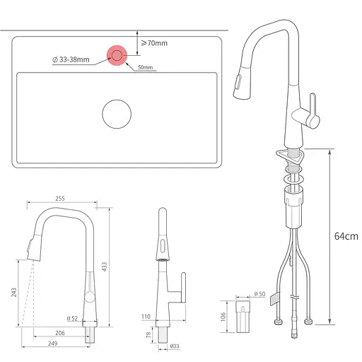 Висувний кухонний змішувач Xiaomi MiJia Pull-out Kitchen Faucet S1 (MJCLSCFLT01DB) - фото 8