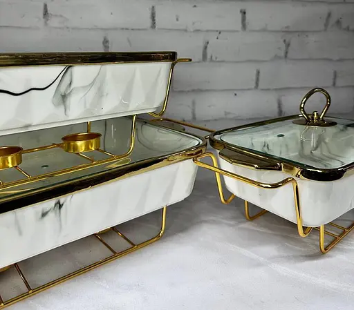 Набор из 3-х мармитов керамических прямоугольных Kitchen с крышками из стекла Бело Золотой - фото 3