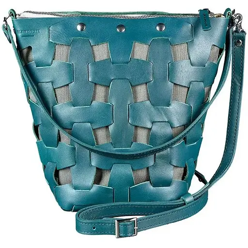 Шкіряна плетена жіноча сумка Пазл M зелена Krast - фото 1