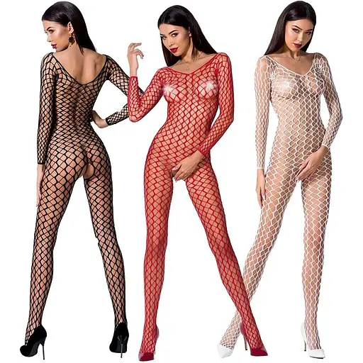 Бодістокінг Passion BS068 Black, комбінезон, велика сітка, довгий рукав - фото 5