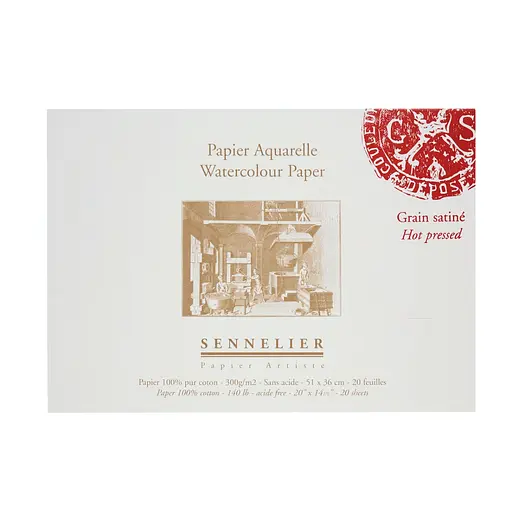 Склейка для акварели Sennelier, 20 листов, горячее прессование, 300 г/м, 51x36 см.