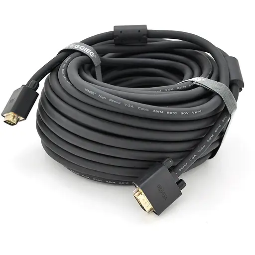 Кабель VEGGIEG VG-20 VGA 3 + 6, 20m, male to male (тато-тато), OD-8.0mm, 2 фериту, круглий Black, коннектор Gold, Box