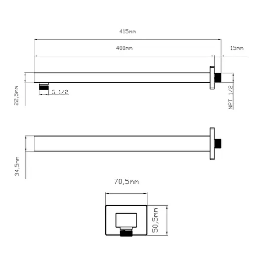 Кронштейн для верхнього душу Qtap Trubice 400 мм прямокутний QTTRU120BLM45929 Black matt Чорний матовий - фото 2