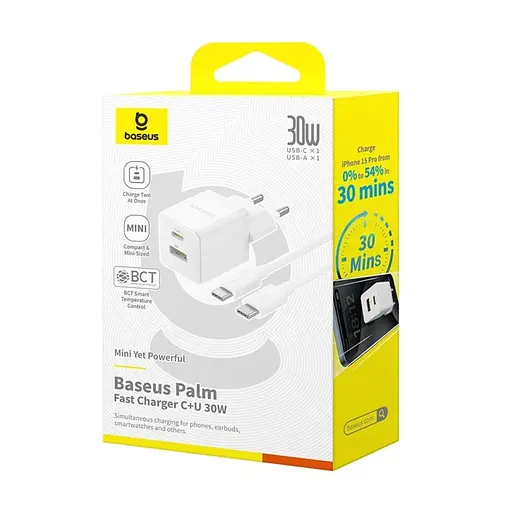 СЗУ Baseus Palm Fast Charger 30W (1USB-A/1C) + кабель Type-C to Type-C (P1011160A) - фото 6