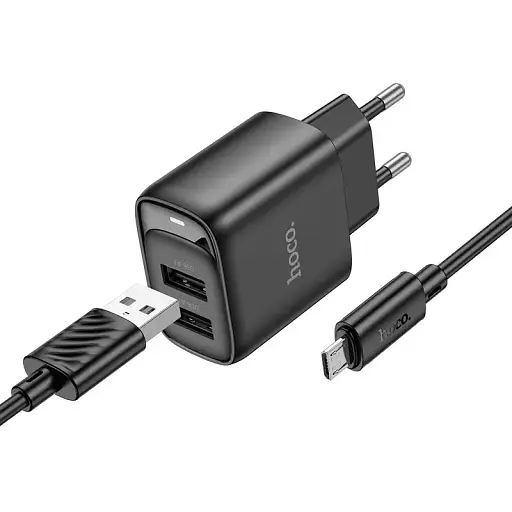 Мережевий зарядний пристрій з кабелем Hoco C141A Smart dual-port charger set(Micro) чорний - фото 1
