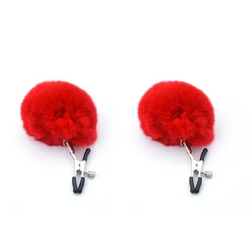 Ультрачувствительные зажимы для сосков с мехом "Pom Pom Nipple Clamps" Красный K0521-2 - фото 1