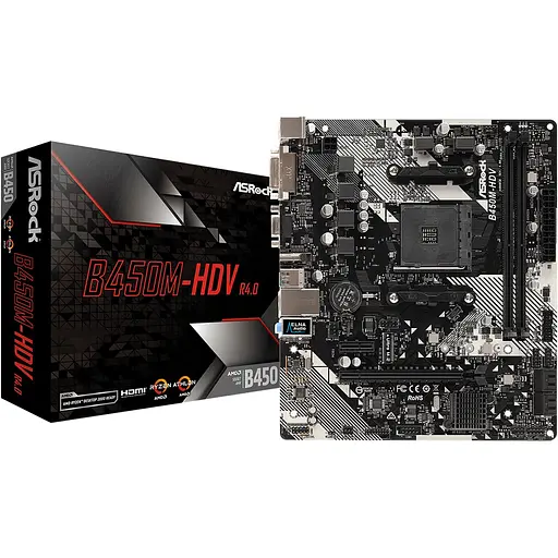 Материнская плата ASRock B450M-HDV R4.0 (AM4/B450, 2xDDR4, PCIex16, DVI-D/HDMI/VGA, 4xSATAIII, M.2, GLan, 8ch, mATX) - фото 2
