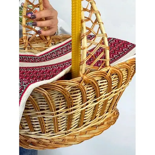 Комплект Великодній кошик Галичина (коричневий) з лляним рушником 70х30 см Рандеву зелений та свічкою - фото 6