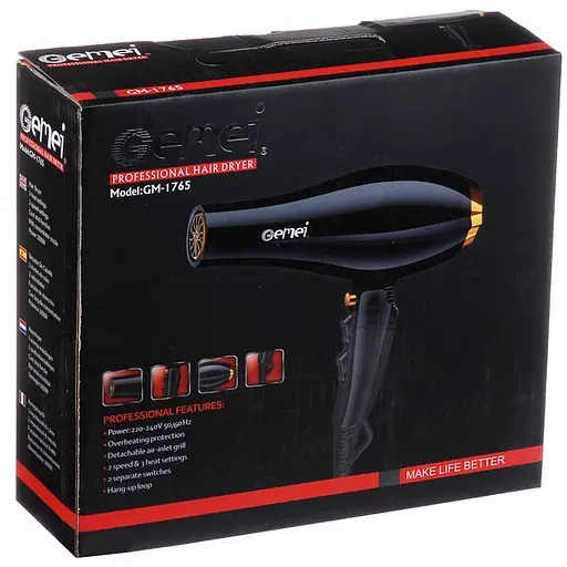 Фен для волос Gemei GM-1765 две скорости и три режима 2800 Вт Черный - фото 6