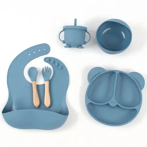 Набор детской силиконовой посуды для кормления на присосках 6 предметов Blue (18971) - фото 1