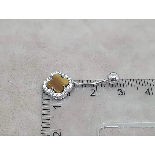 Серебряная серьга для пирсинга пупка Ирий Клевер с тигровым глазом. 6025.5 - фото 4