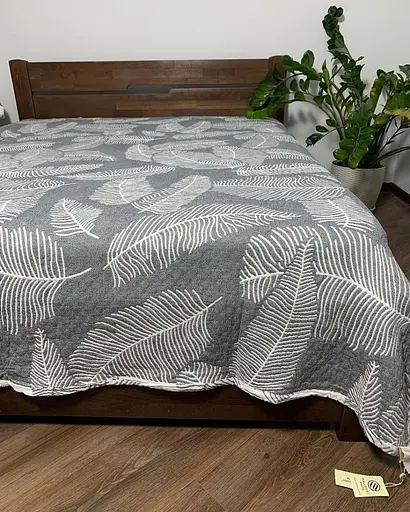 Покривало муслінове двостороннє 210x250 см плед на двоспальне ліжко інтер'єрне легке з великим ботанічним принтом Сірий - фото 3
