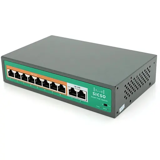 Комутатор POE SICSO 48V з 8 портами POE 100Мбіт + 2 порт Ethernet (UP-Link) 100Мбіт, з посил. сигн. до 250м, корпус-метал, Silver, БП вбудований, Q30