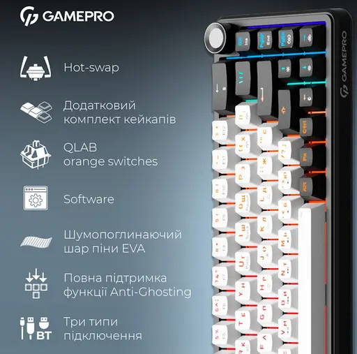 Клавиатура беспроводная игровая механическая GamePro MK-210-B Pro Black-White QLAB Orange Switches Hot-Swap - фото 2