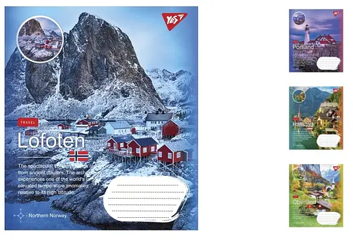 Зошити учнівські 60 аркушів клітинка. YES Northern travel, зошит дя записів 10 шт. в упаковці