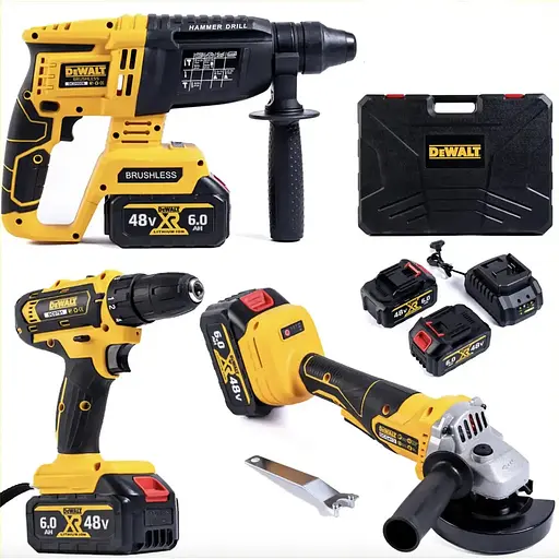 Набор аккумуляторный DeWalt 3 в 1 шуруповерт перфоратор болгарка в кейсе с 2 аккумуляторами 48 Вт Черный с желтым - фото 1