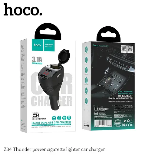 Зарядный адаптер разветвитель для авто HOCO Thunder Power Cigarette Lighter with display Z34 черный - фото 2