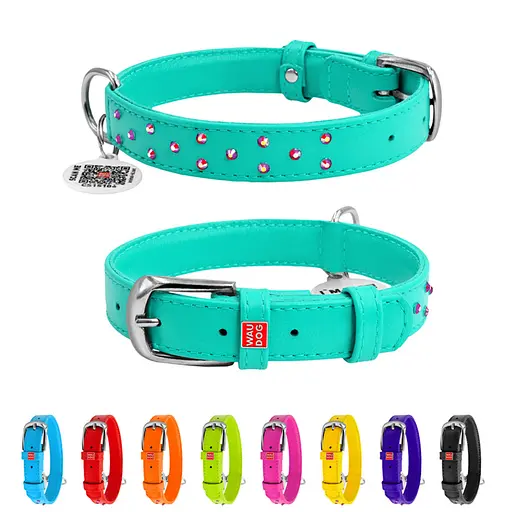 Ошейник для собак кожаный Waudog Glamour с QR-паспортом с клеевыми стразами Ш 20 мм Д 30-39 см ментоловый - фото 2