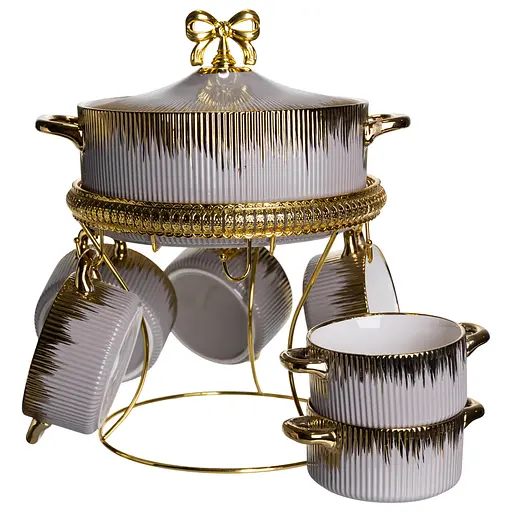 Суповой набор Yiwu из фарфора на металлической подставке серый FM-A23-6 - фото 3