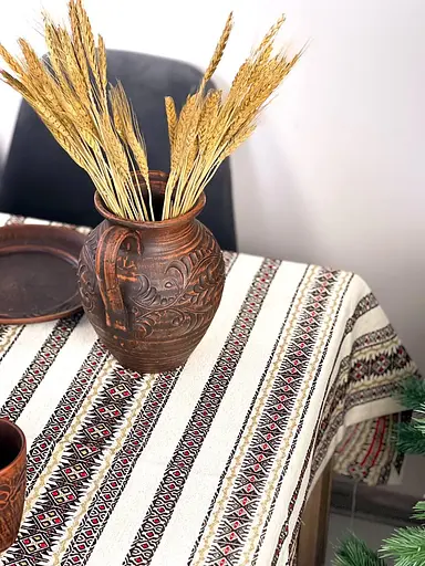 Лляна різдвяна скатертина з українським орнаментом Святогір червоний 150х100 см - фото 5