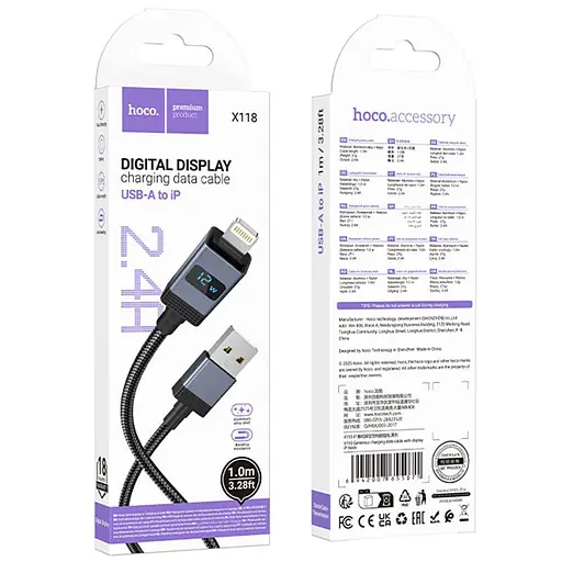 Дата кабель Hoco X118 Generous with display USB to Lightning 2.4A (1m) Black - фото 6