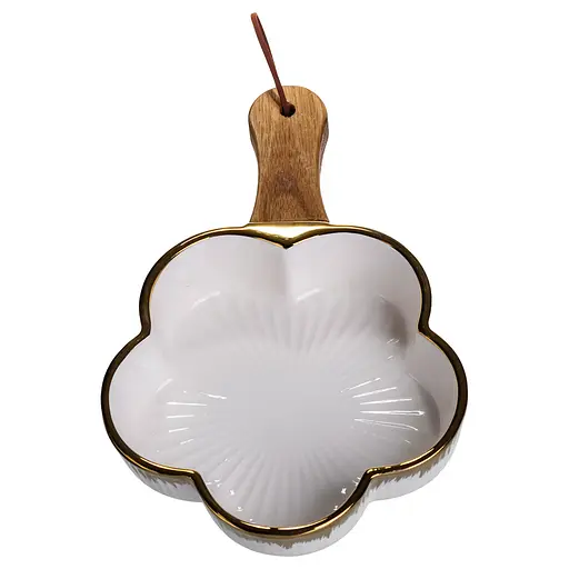 Тарелка фарфоровая глубокая с ручкой Цветок 24×16×4 (см) сервировочное блюдо с ручкой для подачи тарелка сковорода Золото Yiwu ZJH-13-1 - фото 4