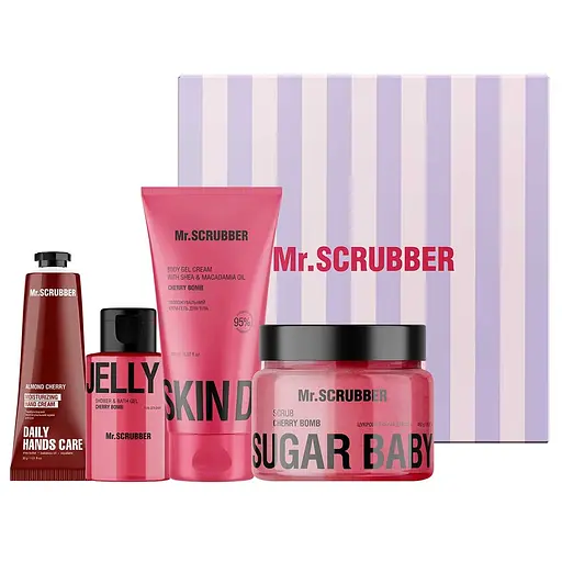 Уцінка. Подарунковий набір Mr.Scrubber Cherry Care: Цукровий скраб 450 г + Крем-гель для тіла 150 мл + Гель для душу 100 мл + Крем для рук 30 г