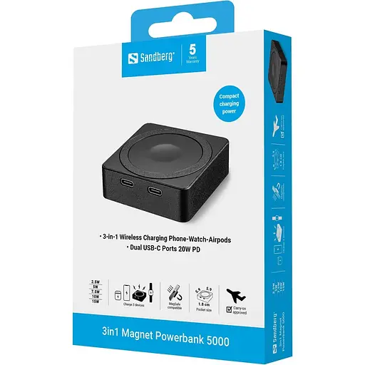 Павербанк Sandberg Magnetic Black 5 000 mAh / 20 Вт (421-28) - фото 9