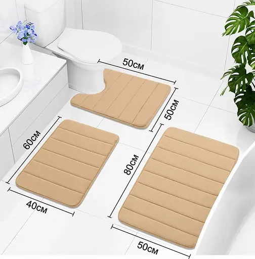 Набор 3 коврика для ванной Aquarius с эффектом памяти 50х80 см, 40х60 см, U-образный 50х50 см. Бежевый в полоску - фото 2