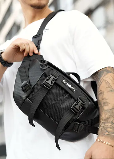 Большая мужская сумка бананка Sambag DynamicDart черная тканевая 38 × 21 × 7 см (80411701m) - фото 2