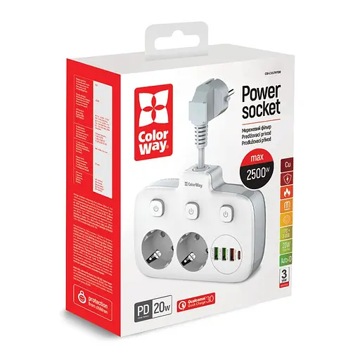 Мережевий фільтр СolorWay 2 розетки / 3USB / 1xTYPE-C White (CW-CHE24PDW) - фото 12