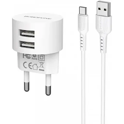 Набір Мережевий зарядний пристрій 2 USB 2 A microUSB кабель комплект із блоком у розетку - фото 1