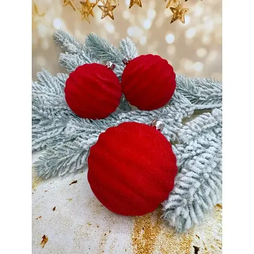 Набір ялинкових куль Хвиля Оксамит 80 мм 6 шт Червоний - фото 1