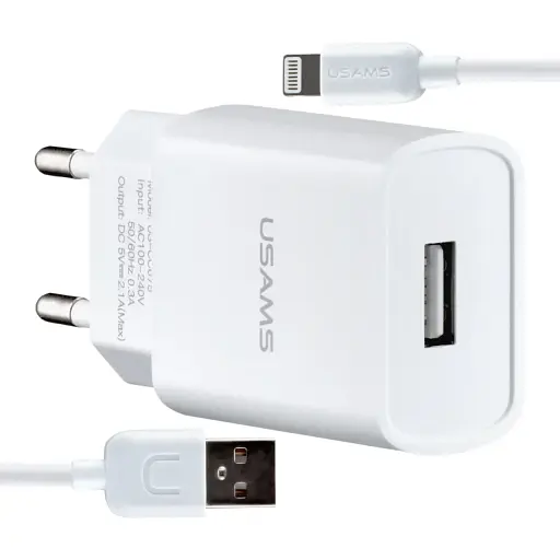 Мережевий зарядний пристрій Usams T21 Charger kit- T18 single USB EU charger + Lightning cable Білий - фото 1