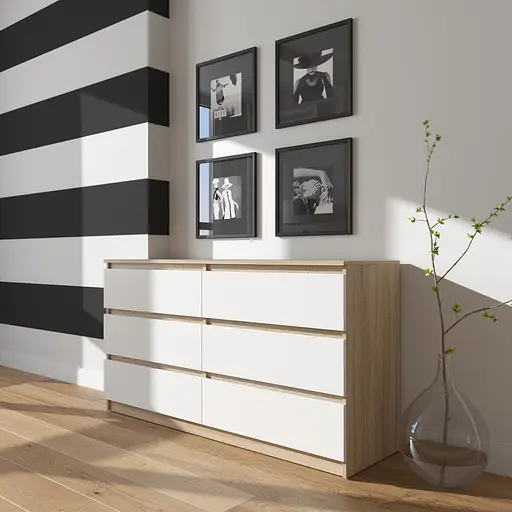 Комод Vays R-7 Дуб Сонома-Білий фасад, 6 шухляд без ручок, ЛДСП, 140×40×75 см- для дому, офісу, вітальні, спальні