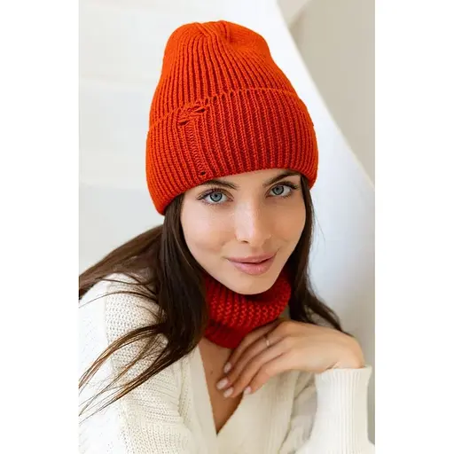 Женская вязаная шапка и снуд набор 1 шерсть 20% с отворотом Оранжевый - фото 1