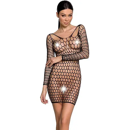 Бодистокинг-платье с глубоким воротом Passion BS093 black длинные рукава One size