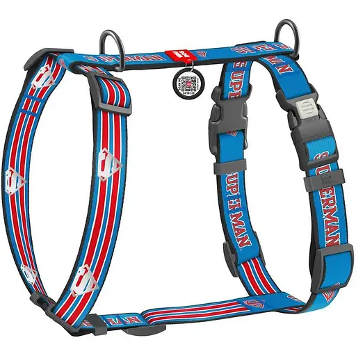 Шлейка для собак Waudog Nylon анатомическая H-образная с QR-паспортом, светоотражающая, рисунок "Супермен Ретро", пластиковый фастекс, L