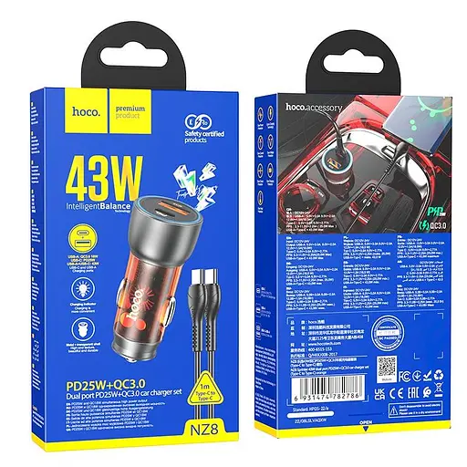 Адаптер автомобильный HOCO Type-C to Type-C cable Sprinter dual port car charger NZ8 комплект черный - фото 10