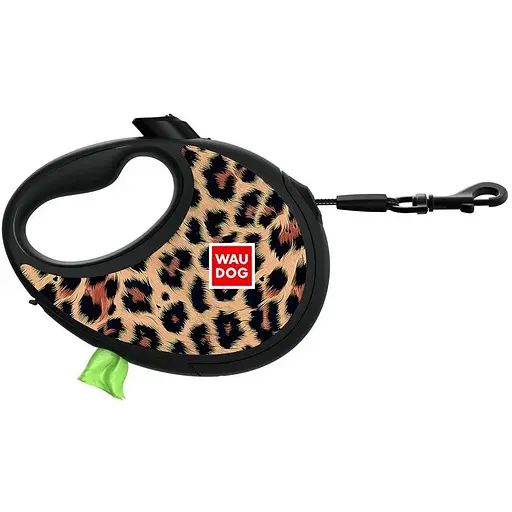 Поводок-рулетка для собак WAUDOG R-leash с контейнером для пакетов, рисунок "Леопард" светоотражающая лента L до 40 кг 5 м