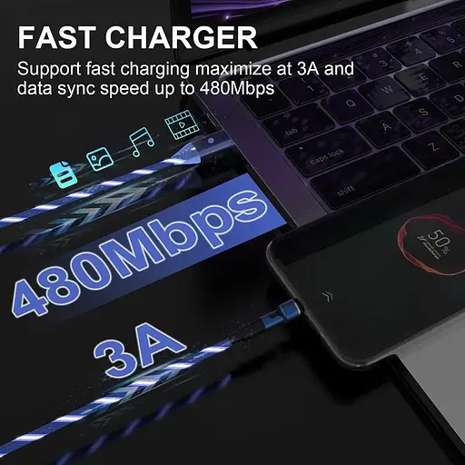 Магнитный зарядный кабель Light Up, совместимый с Samsung Galaxy S23 S22 S21 S20 S10E S9 S8 Plus Note 20 540° - фото 2