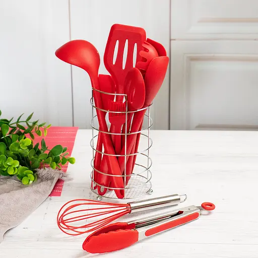 Набір кухонного приладдя силіконовий з 10 предметів з підставкою (вінчик, ополоник, лопатка, щипці), A-plus Червоний 85469 - фото 3