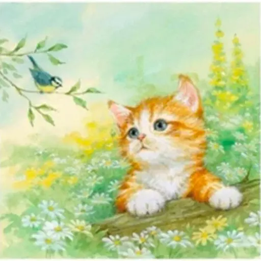 Алмазна мозаїка 30*30 см зі стразами на підрамнику повна викладка Котик і синичка - фото 1