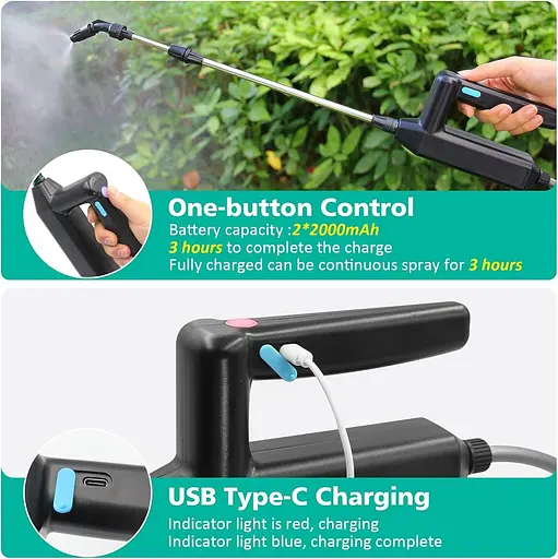 Акумуляторний обприскувач 5 л, вдосконалений електричний обприскувач з 3 насадками розпилювачами, ручкою з можливістю підзарядки - фото 5