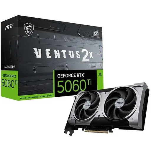Відеокарта GeForce RTX 5060 Ti, MSI, VENTUS 2X OC PLUS, 16Gb GDDR7, 128-bit, HDMI/3xDP, 2617/28000 MHz, 8-pin (G506T-16V2CP) - фото 1