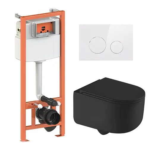 Подвесной унитаз Qtap Taurus Ultra Quiet + инсталляция Qtap Nest 4 в 1 (круглая клавиша White), Черный - фото 1