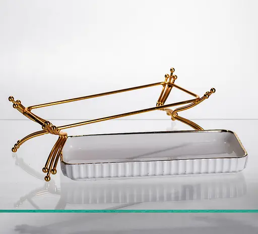 Фарфоровое сервировочное блюдо на металлической подставке 37×18×5 (см) блюдо для подачи закусок Белый с золотом Yiwu LB-1566G - фото 5