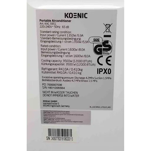 Кондиціонер мобільний KOENIC KAC 3351, 1350 Вт, 120 м³ з функцією охолодження, вентиляції, осушення - фото 7