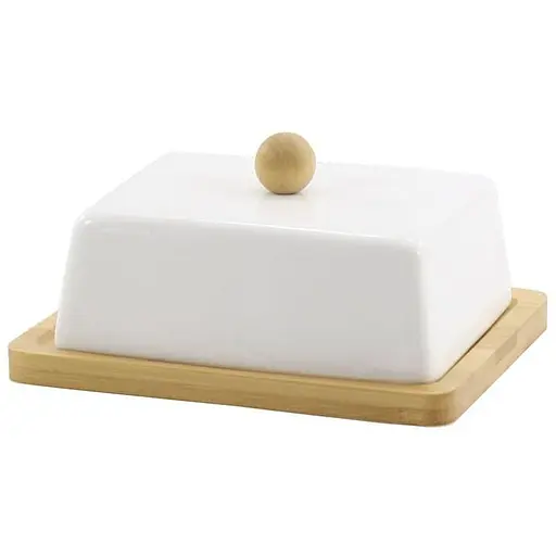 Масленка фарфоровая Interos с бамбуковой подставкой 15 см белая (PJ00686)